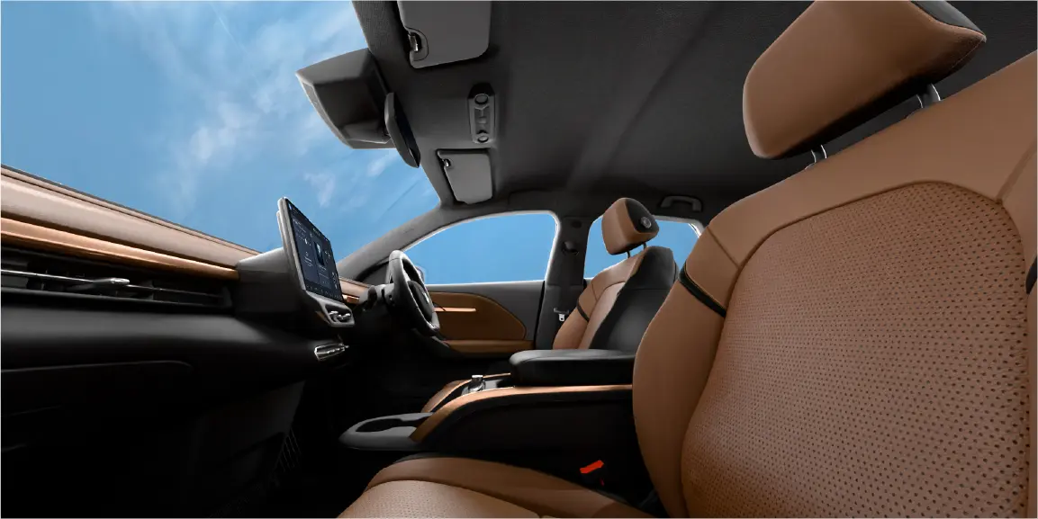 Cabin of the VinFast VF 6 with brown upholstery