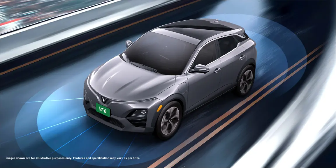 VinFast VF 6 with its driver-assistance sensors shown around the car