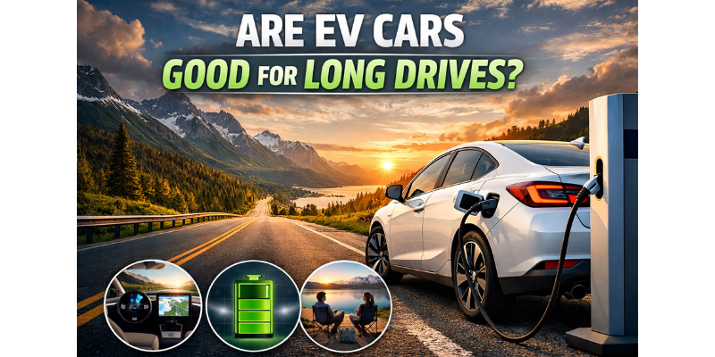 Electric car charging during a long highway drive, showcasing EV performance, battery range, and suitability for long-distance travel.