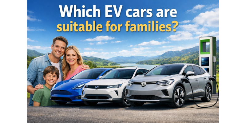 Which EV cars are suitable for families – electric family cars parked at a charging station with parents and children