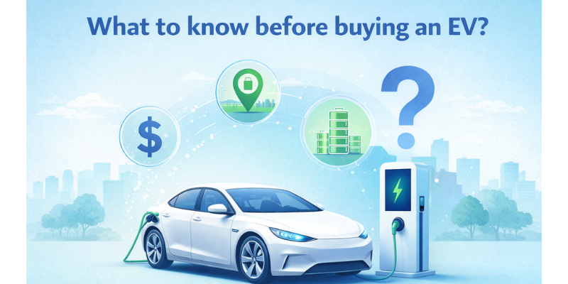 Electric vehicle parked in an urban setting representing key considerations before buying an EV