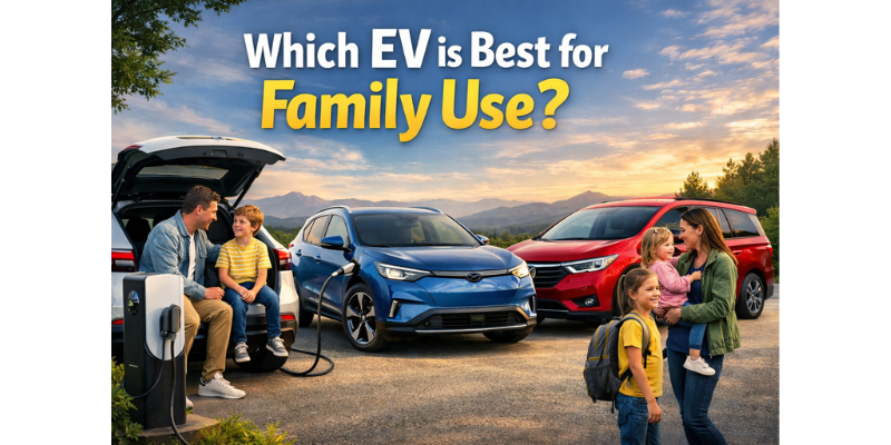 Family sitting inside spacious electric car interior with comfortable rear seating
