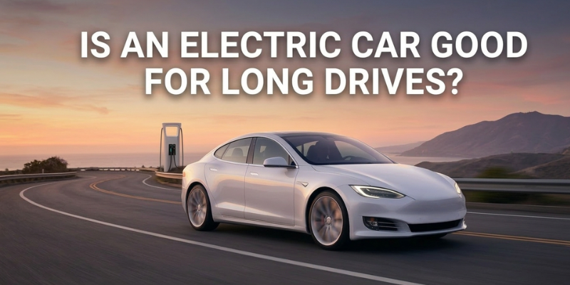 electric car on highway long drive electric vehicle travel range EV long distance driving